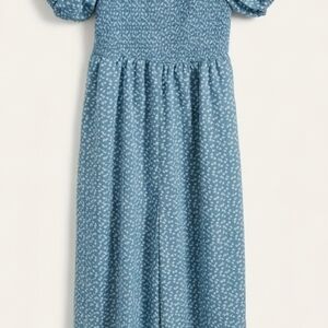 Women Blue Smocked Floral Casual ALL IN ONE with Puff Sleeves